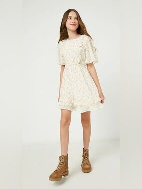 🌾 Hayden Tween Mini Dress~Girls’ XL~Off White w/ Floral Design~Ruffled Details